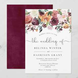 Rustic Charm Burgundy Blush Floral Drop Wedding Invitation