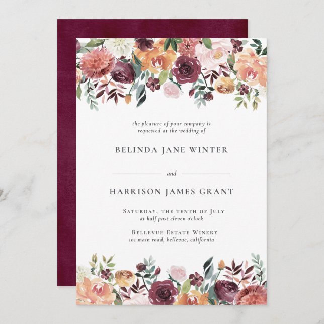 Rustic Charm Burgundy Blush Pink Floral Wedding Invitation (Front/Back)