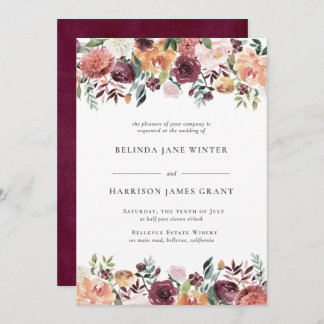 Rustic Charm Burgundy Blush Pink Floral Wedding Invitation