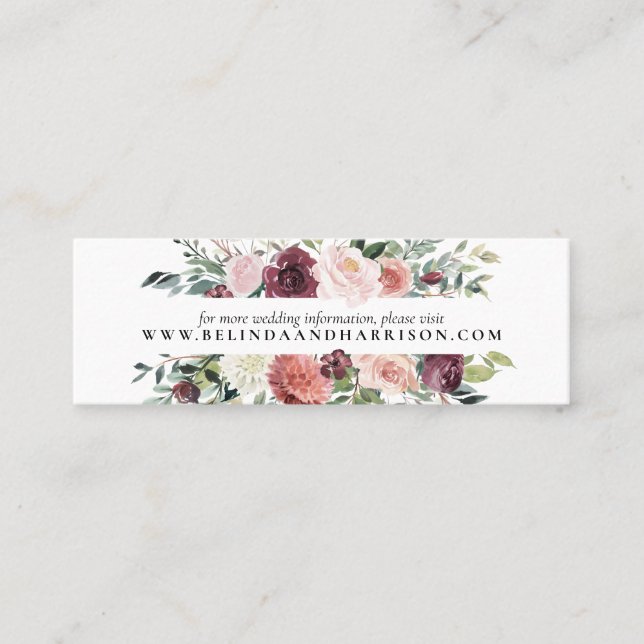 Rustic Charm Burgundy Blush Pink Floral Wedding Mini Business Card (Front)