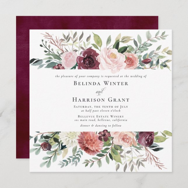 Rustic Charm Burgundy Blush Pink SQ Floral Wedding Invitation (Front/Back)