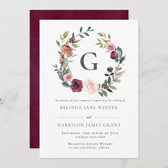 Rustic Charm Burgundy Pink Floral Wreath Wedding Invitation (Front/Back)