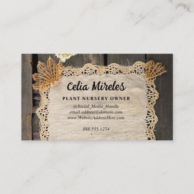 Rustic Charm Burlap & Lace Barn Wood QR Code Enclosure Card (Front)