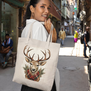Rustic Charm Farmhouse Treasures with Plaid Deer Tote Bag