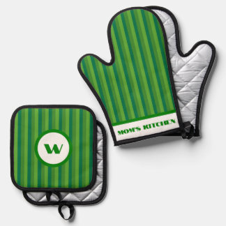 Rustic Charm Green Striped Oven Mitt & Pot Holder Set