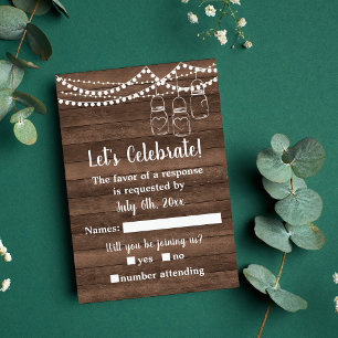 Rustic Charm Mason Jar String Lights Wedding RSVP Card