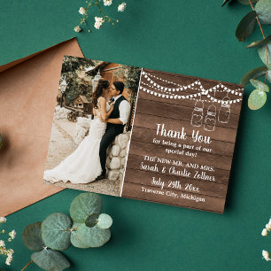 Rustic Charm Mason Jar String Lights Wedding Thank You Card