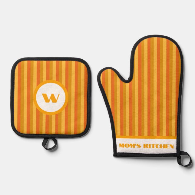 Rustic Charm Orange Striped Oven Mitt & Pot Holder Set (Front)