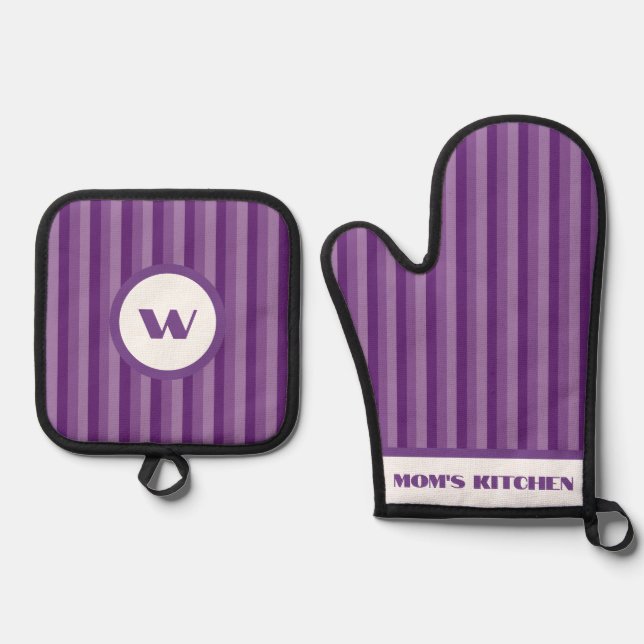 Rustic Charm Purple Striped Oven Mitt & Pot Holder Set (Front)