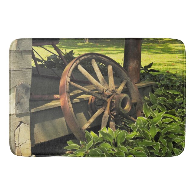Rustic Charm – Weathered Wagon Wheel Photography Bath Mat (Front)