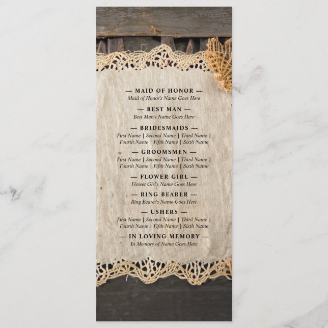 Rustic Charm Wedding Burlap & Lace Barn Wood Programme (Back)