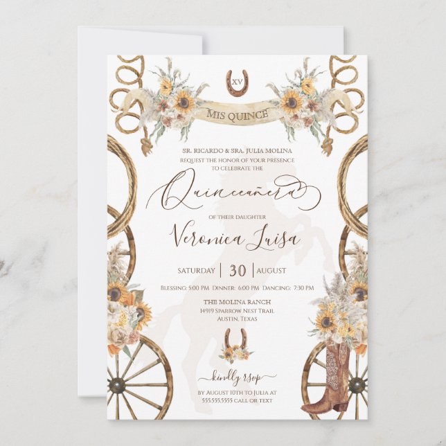 Rustic Charro Floral Boho Country Quinceanera Invitation (Front)