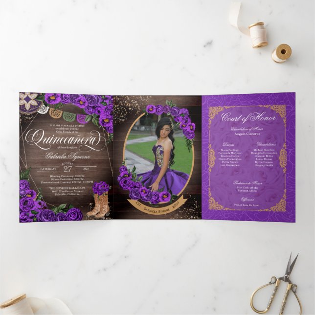 Rustic Charro Royal Purple Roses Quinceañera Tri-Fold Invitation (Inside)