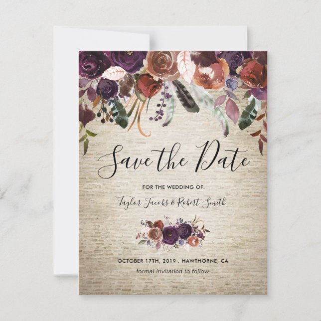 Rustic Chateau Butterum & Plum Floral Save The Date (Front)