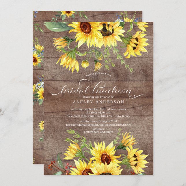 Rustic Cheerful Yellow Sunflower Bridal Luncheon Invitation (Front/Back)