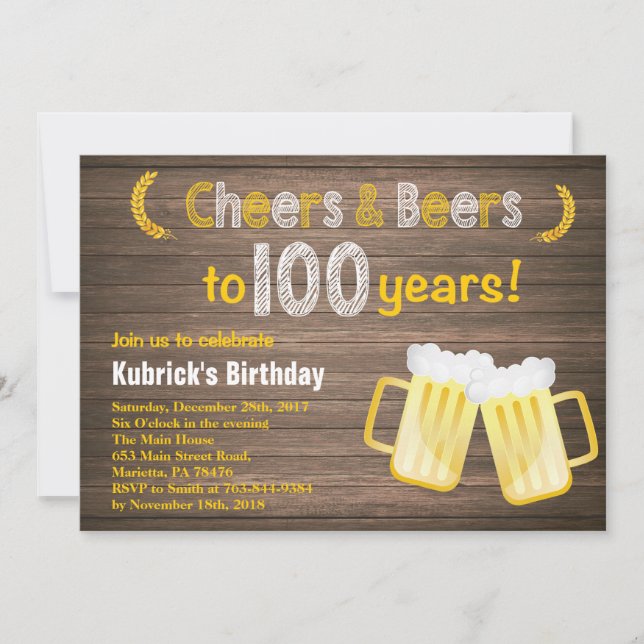 Rustic Cheers and Beers 100th Birthday Invitation (Front)