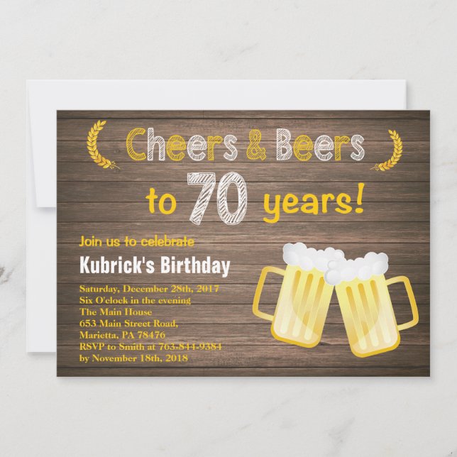 Rustic Cheers and Beers 70th Birthday Invitation (Front)