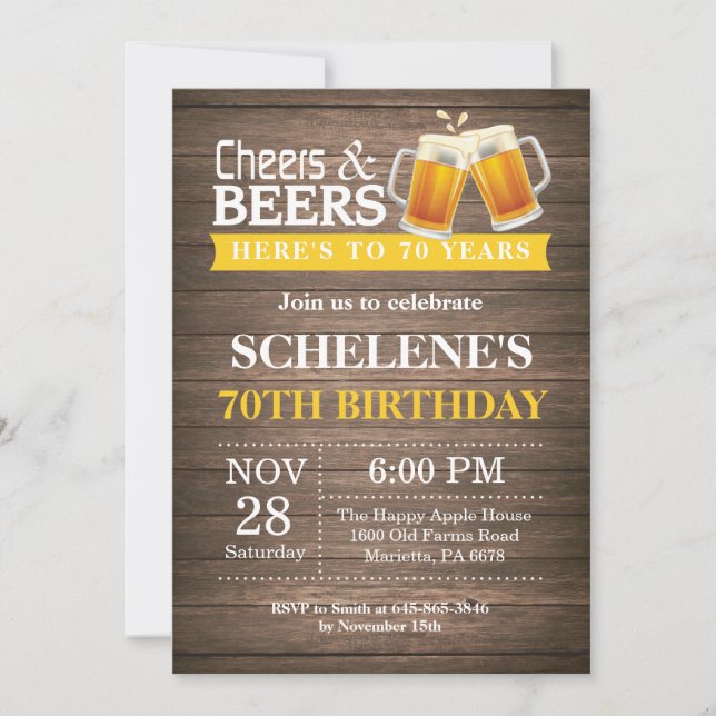 Rustic Cheers and Beers 70th Birthday Invitation (Front)