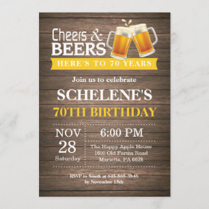 Rustic Cheers and Beers 70th Birthday Invitation