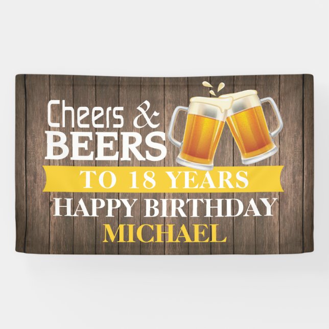 Rustic Cheers and Beers Happy 18th Birthday Yellow Banner (Horizontal)