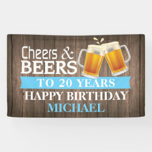 Rustic Cheers and Beers Happy 20th Birthday Blue Banner