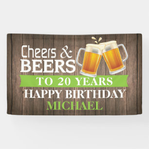 Rustic Cheers and Beers Happy 20th Birthday Green Banner