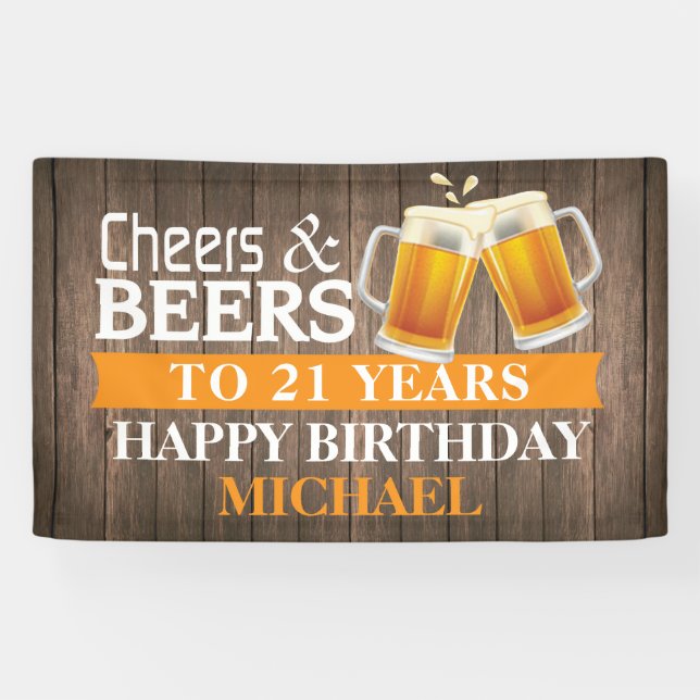 Rustic Cheers and Beers Happy 21st Birthday Orange Banner (Horizontal)