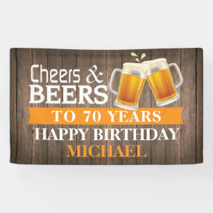 Rustic Cheers and Beers Happy 70th Birthday Orange Banner