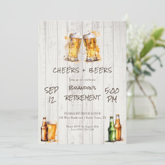 Rustic Cheers and Beers Retirement Party Invitation (Standing Front)