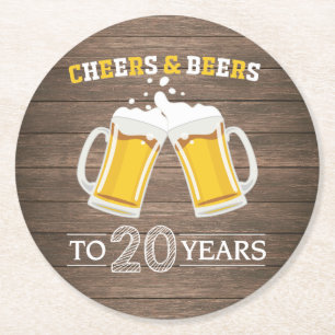 Rustic Cheers and Beers to 20 Years Round Paper Coaster