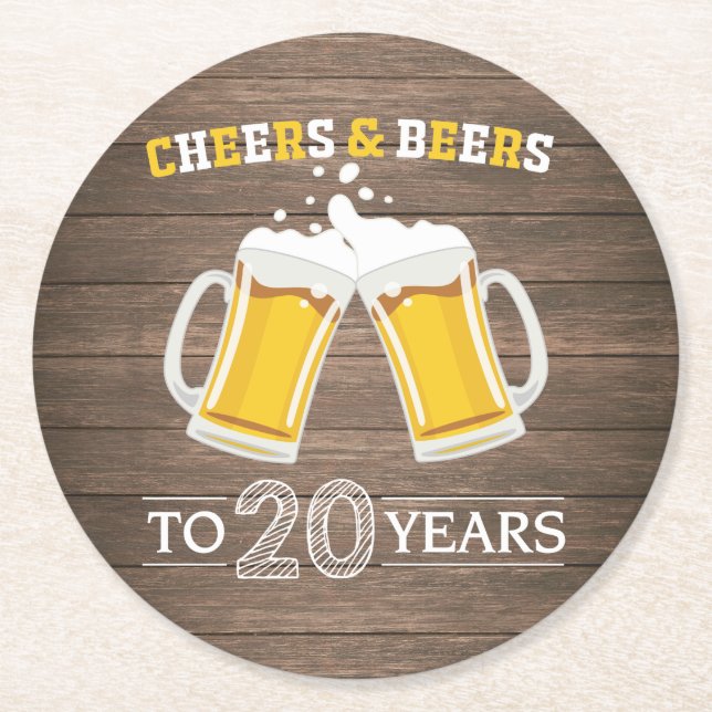 Rustic Cheers and Beers to 20 Years Round Paper Coaster (Front)