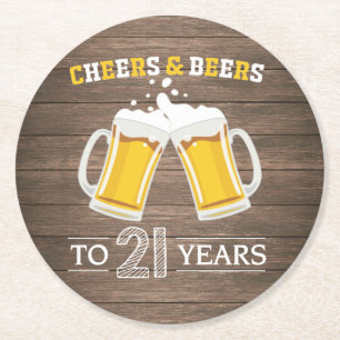 Rustic Cheers and Beers to 21 Years Round Paper Coaster