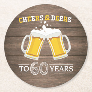 Rustic Cheers and Beers to 60 Years Round Paper Coaster