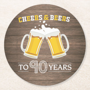 Rustic Cheers and Beers to 90 Years Round Paper Coaster
