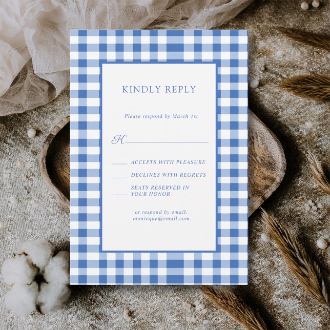 Rustic Chequered Baby Blue Plaid Gingham Wedding RSVP Card (Creator Uploaded)