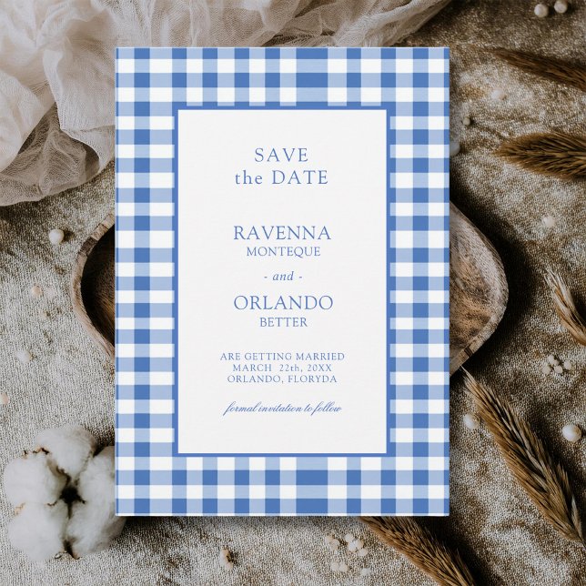 Rustic Chequered Baby Blue Plaid Gingham Wedding Save The Date (Creator Uploaded)