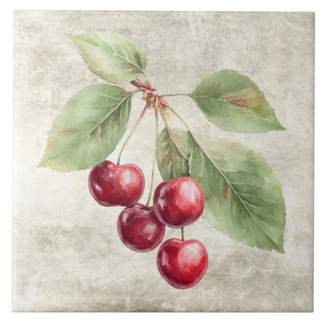 Rustic Cherries Watercolor Fruit Tile (Front)