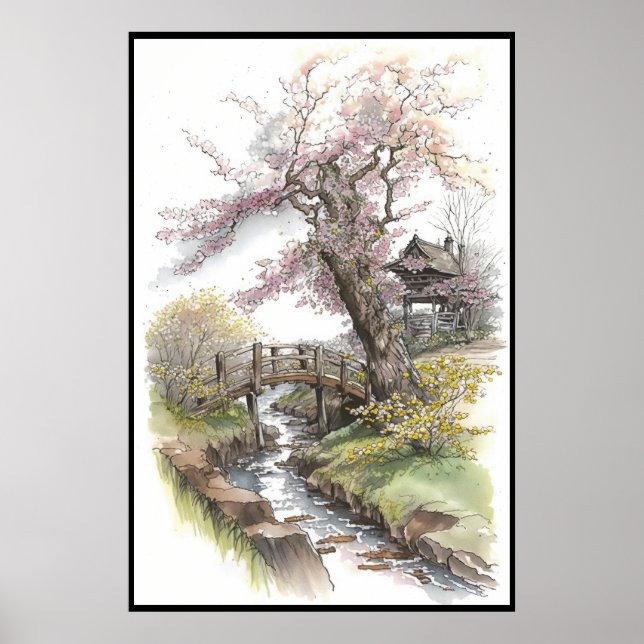 Rustic Cherry Blossom in Spring Landscape Poster (Front)