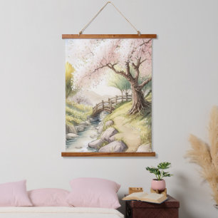 Rustic Cherry Blossom in Sunset Light Landscape Hanging Tapestry