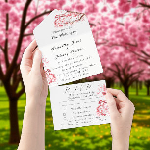 Rustic Cherry Blossom Japanese Pink Flowers Sakura All In One Invitation