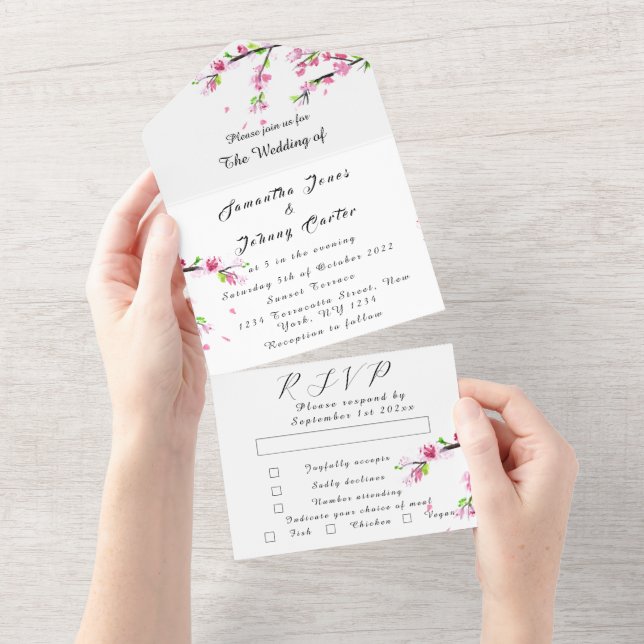 Rustic Cherry Blossom Japanese Pink Flowers Sakura All In One Invitation (Tearaway)