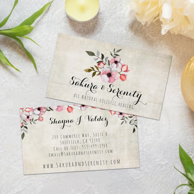Rustic Cherry Blossom Sakura Natural Watercolor Business Card (Creator Uploaded)