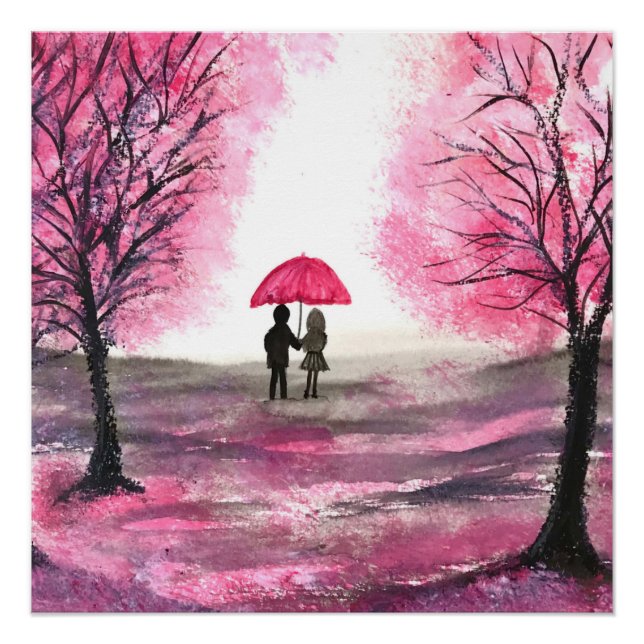 Rustic Cherry Blossoms Love couple Red Umbrella Poster (Front)