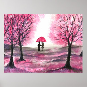 Rustic Cherry Blossoms Love couple Red Umbrella Poster