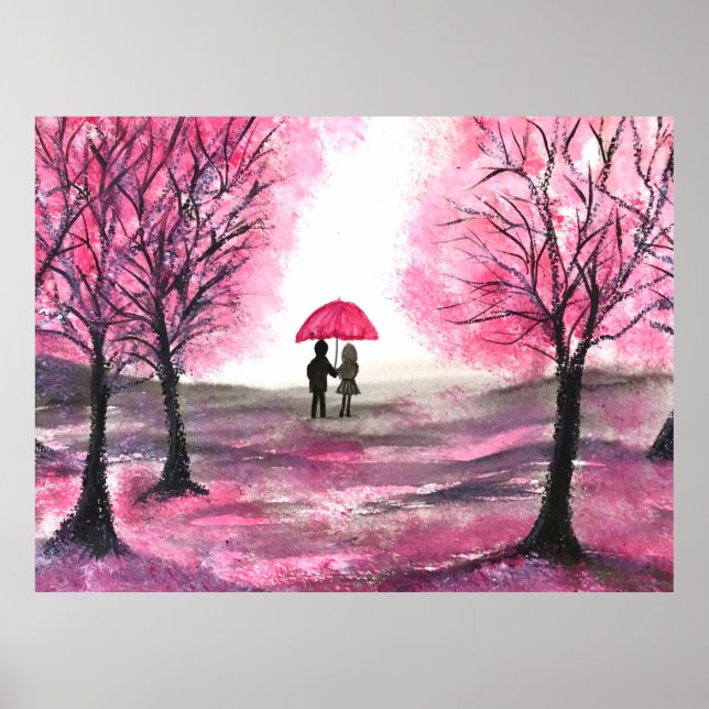 Rustic Cherry Blossoms Love couple Red Umbrella Poster (Front)