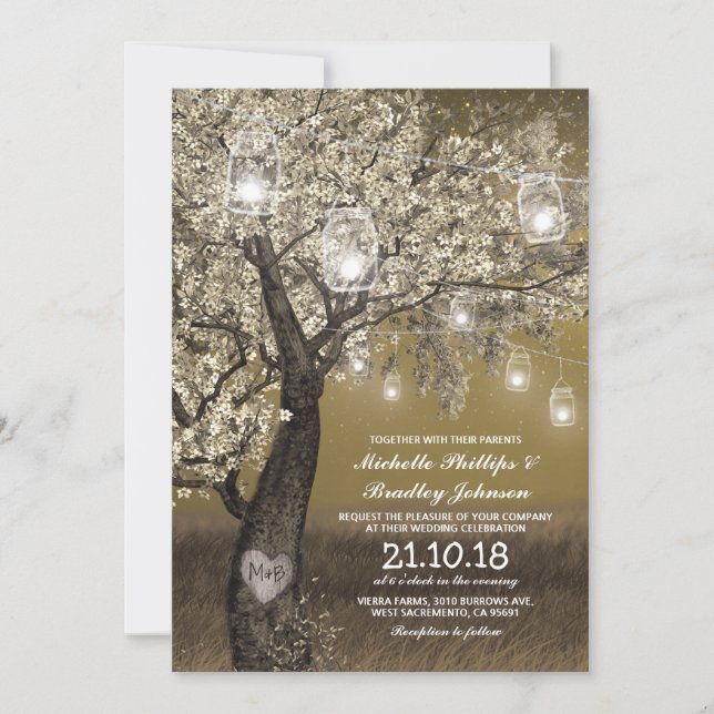 Rustic Cherry Tree & String Lights Wedding Invitation (Front)