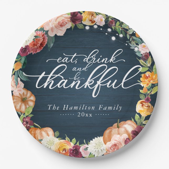 Rustic Chic Autumn Flowers Thanksgiving Dinner Paper Plate (Front)