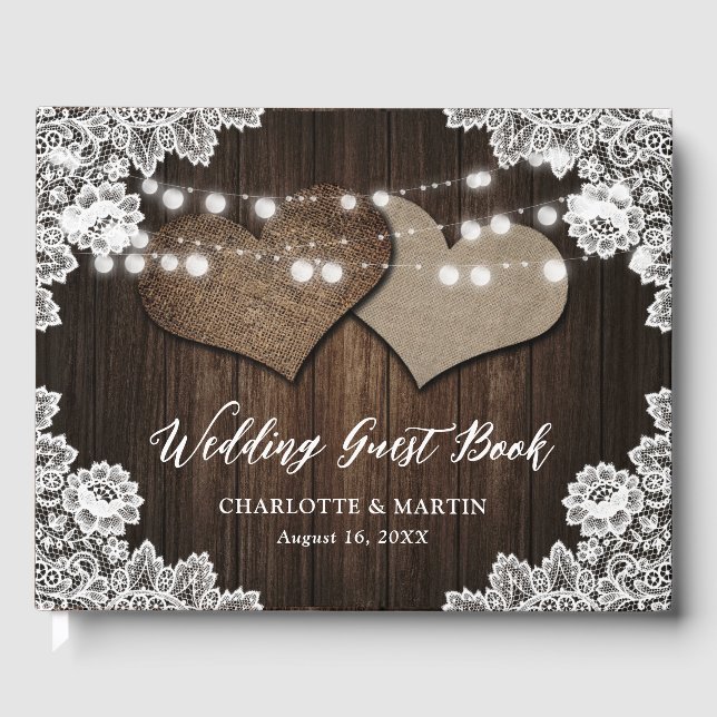 Rustic Chic Barn Wood Hearts Lace Country Wedding Guest Book (Front)
