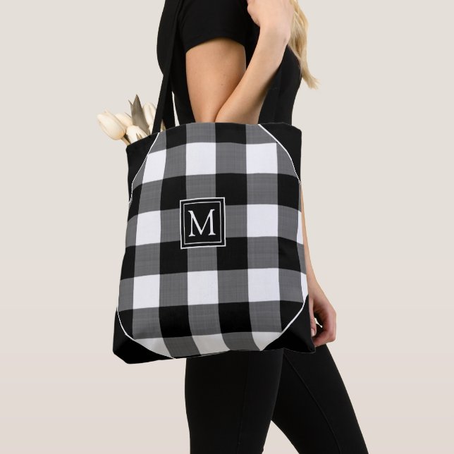Rustic Chic Black Buffalo Check Plaid Monogram Tote Bag (Close Up)