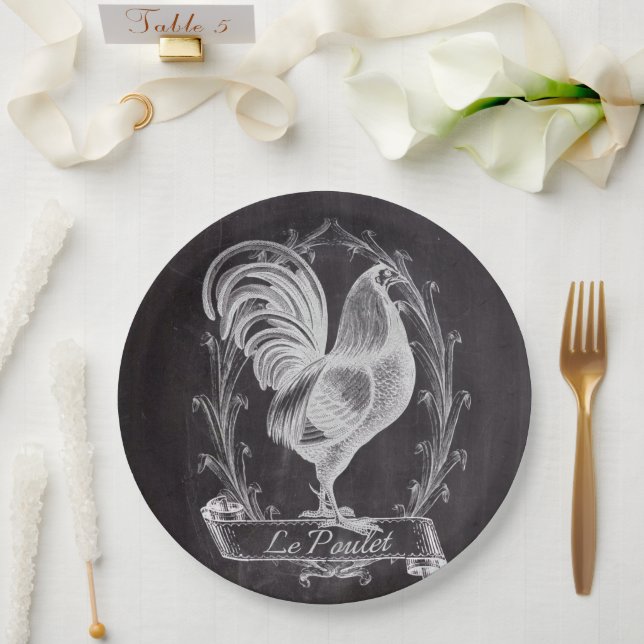 rustic chic blackboard french country rooster paper plate (Wedding)